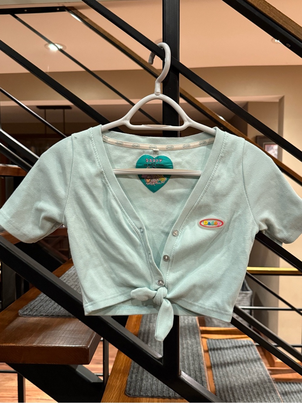 DADDY Mint Short-Sleeve Tie-Front Button-Down Top